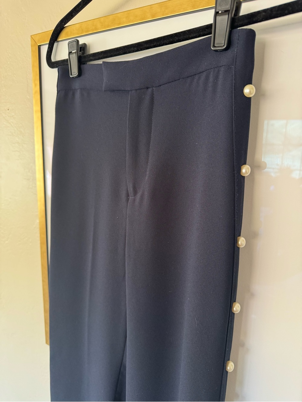 High-Waist Navy Wide-Leg Pants with Pearl Side Details - Picture 5 of 8
